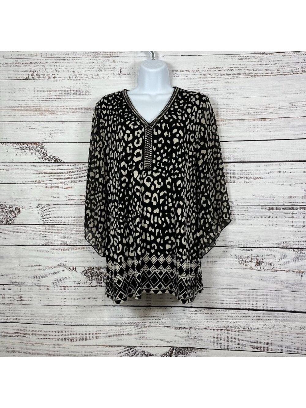 JM Collection Black Beige Animal Print V Neck Chain Detail Top